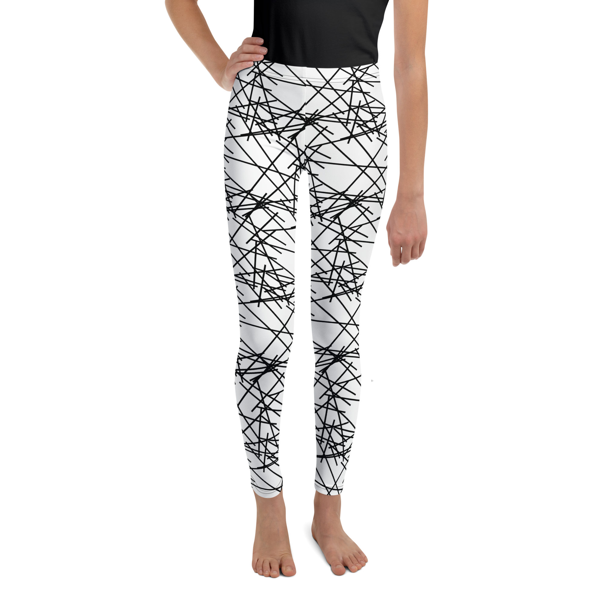 Youth Leggings in white and black geometric pattern