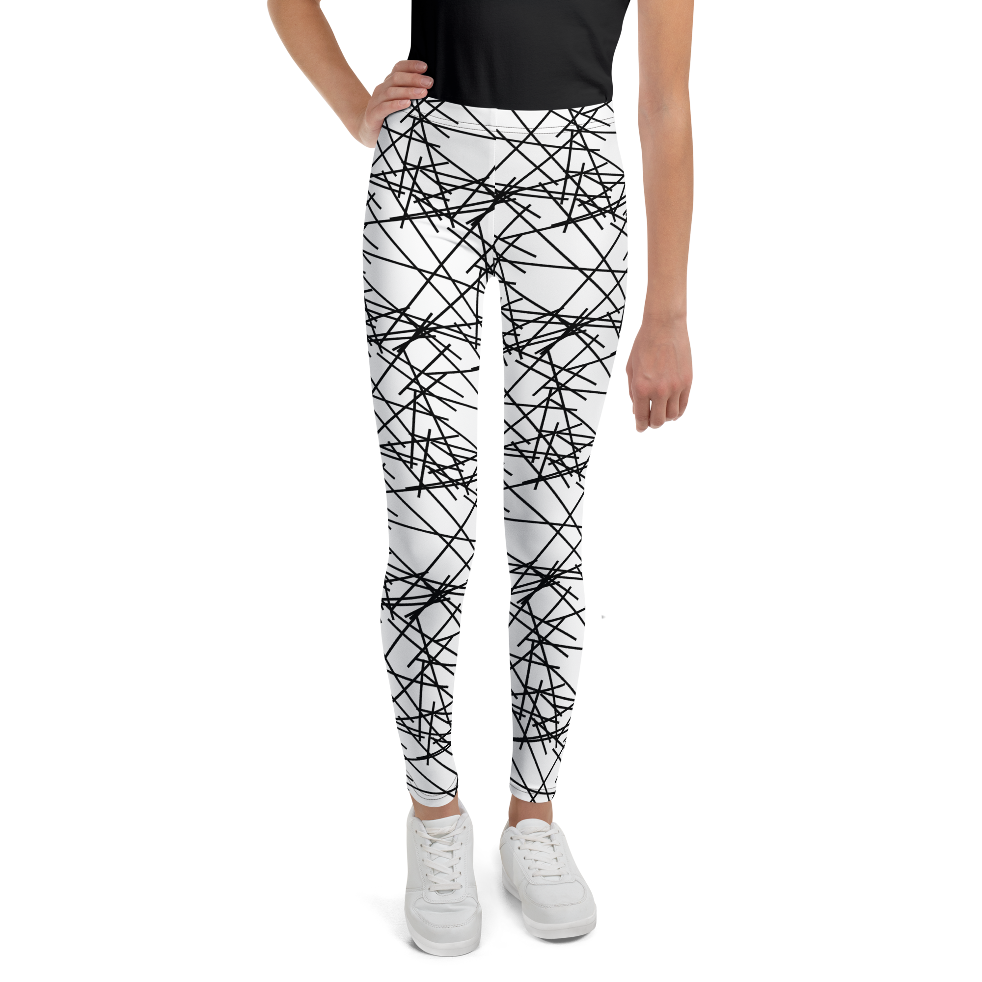 Youth Leggings in white and black geometric pattern